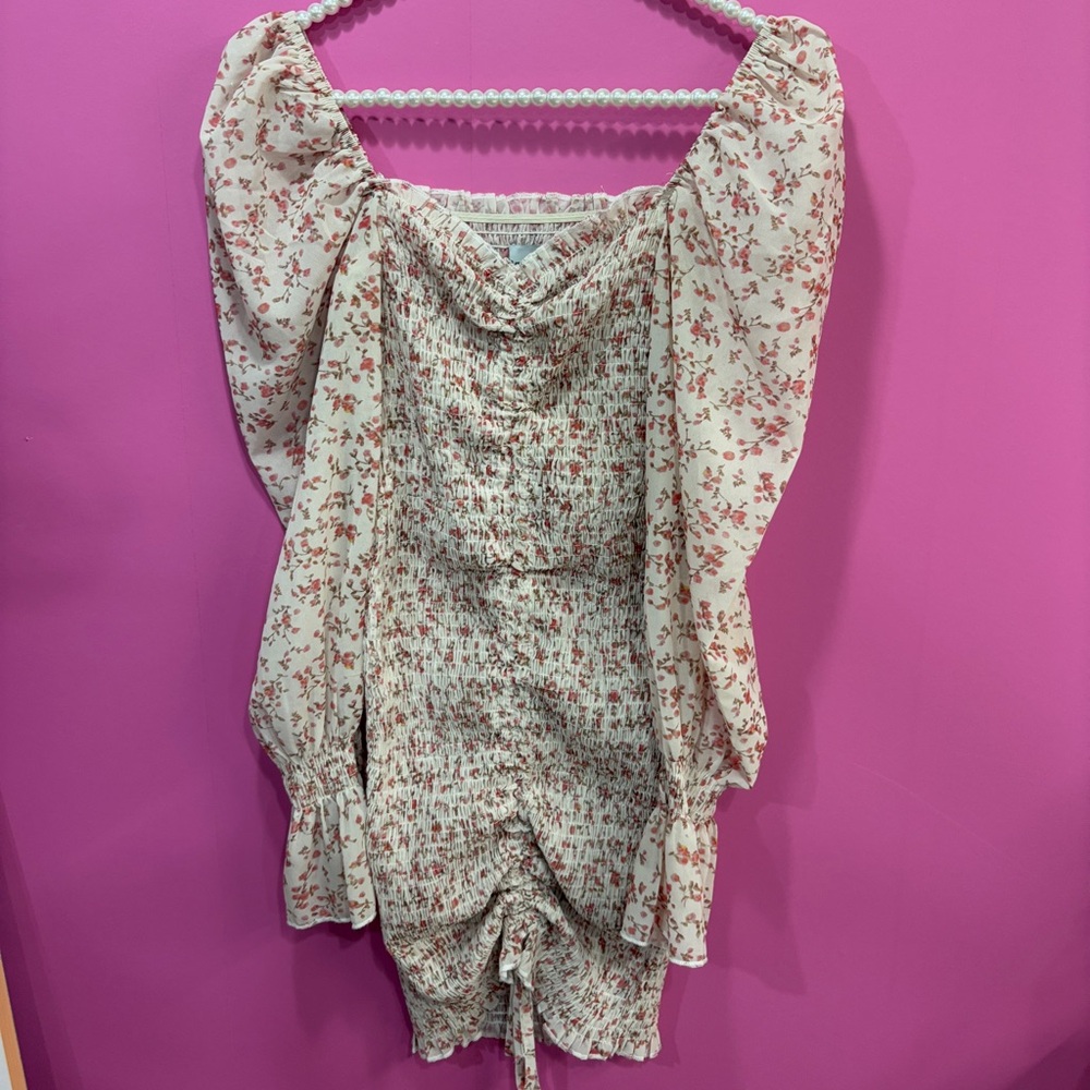 Princess Polly Floral Ruched Long Sleeve Cream & Red Mini Dress